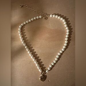 Anne Klein Women's Imitation Pearl Heart Toggle Necklace with Gold Heart Pendant